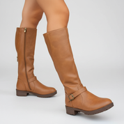 Kniehoge Dameslaarzen met Gesp – Lage Hak Riding Boots met Rits aan de Zijkant