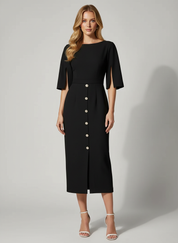 Midi Jurk voor Dames – Elegante Sheath Dress met Gesp & Crew Neck