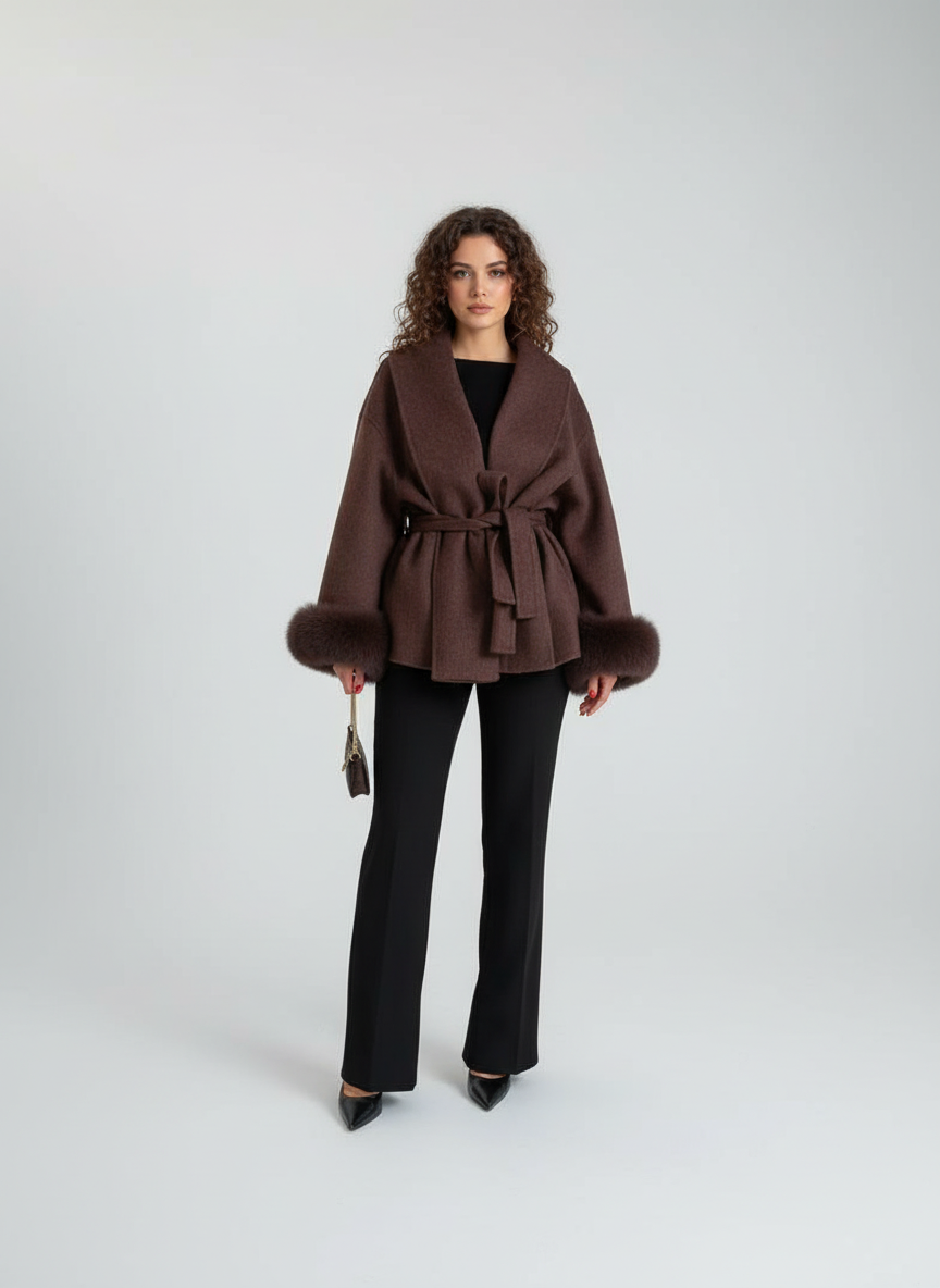 Elegante Wolmantel voor Dames – Korte Wrap Jas met Ceintuur & Faux Fur Manchetten