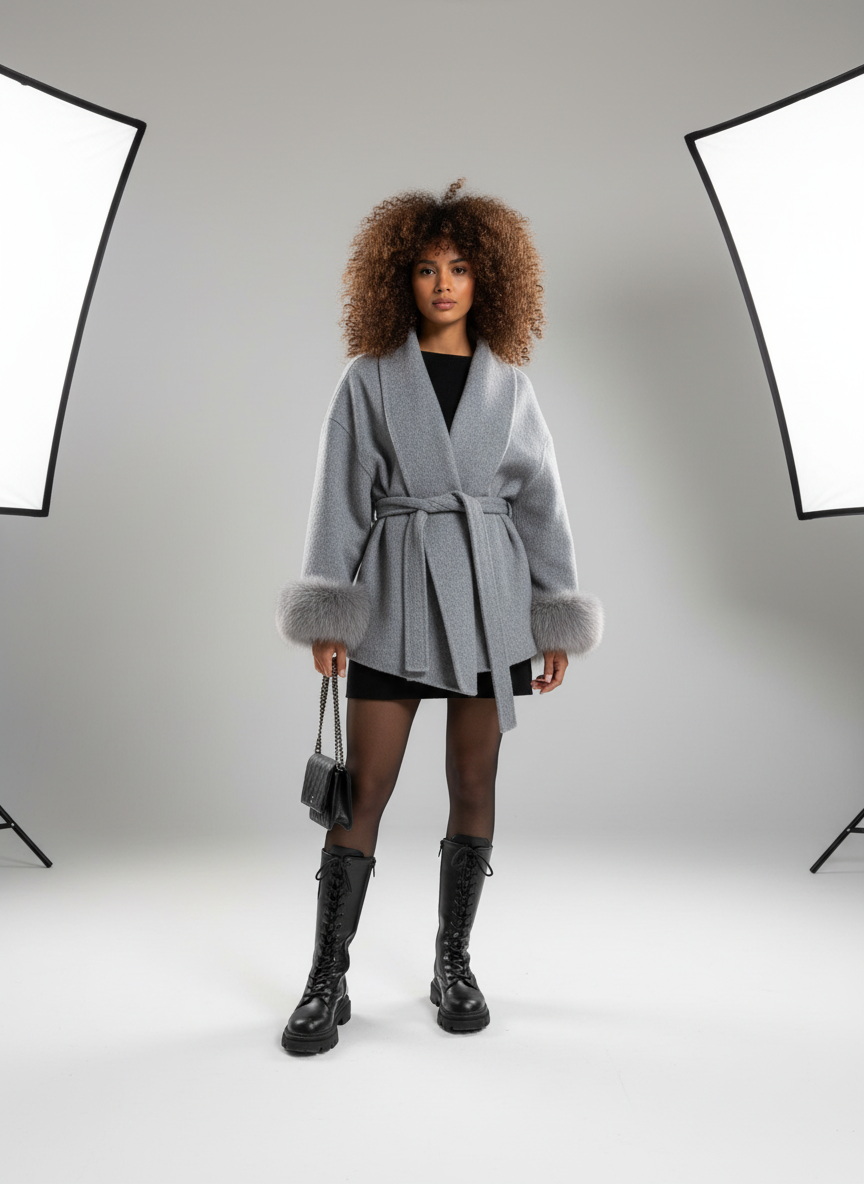 Elegante Wolmantel voor Dames – Korte Wrap Jas met Ceintuur & Faux Fur Manchetten