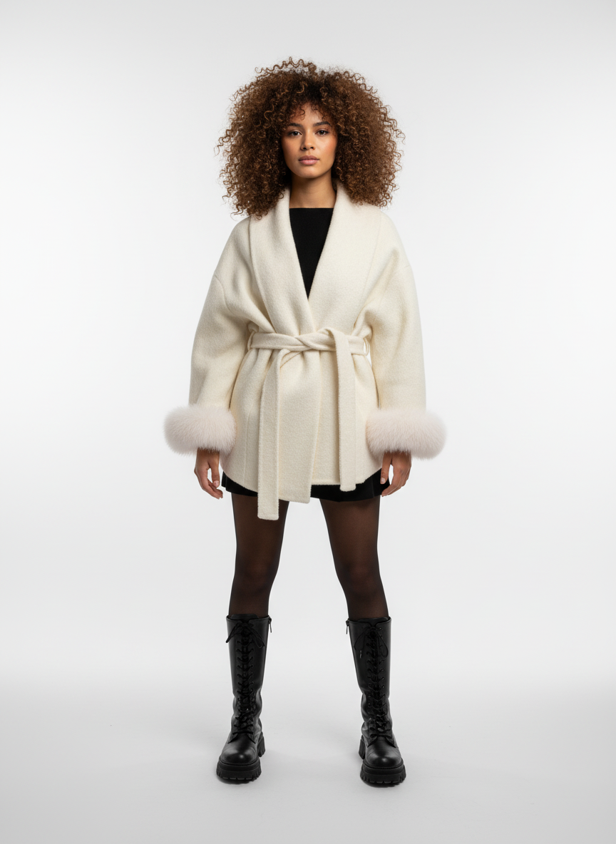 Elegante Wolmantel voor Dames – Korte Wrap Jas met Ceintuur & Faux Fur Manchetten