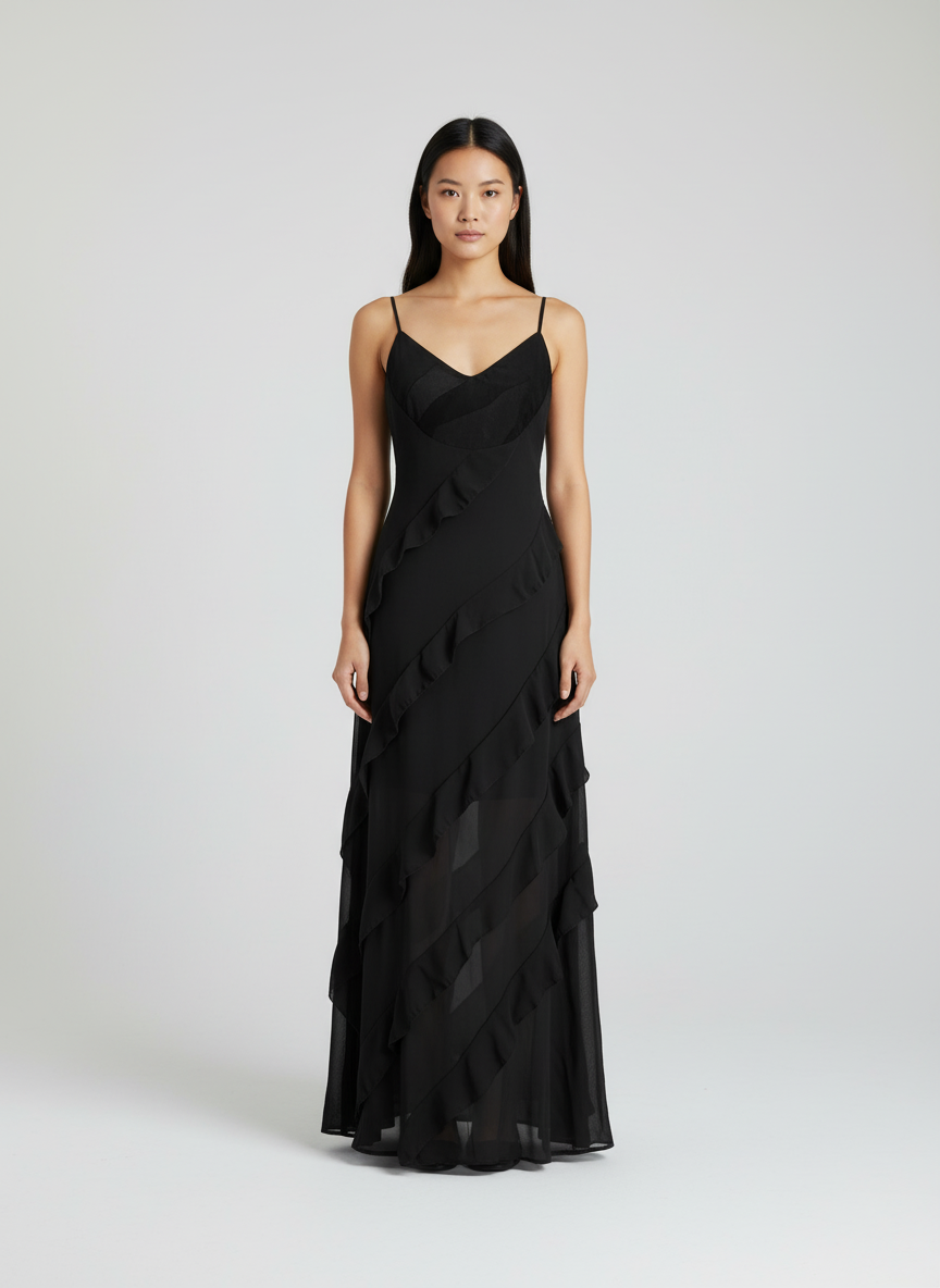 Maxi Jurk met Ruches – Elegante Jurk met Spaghetti Bandjes en Verstelbare Pasvorm