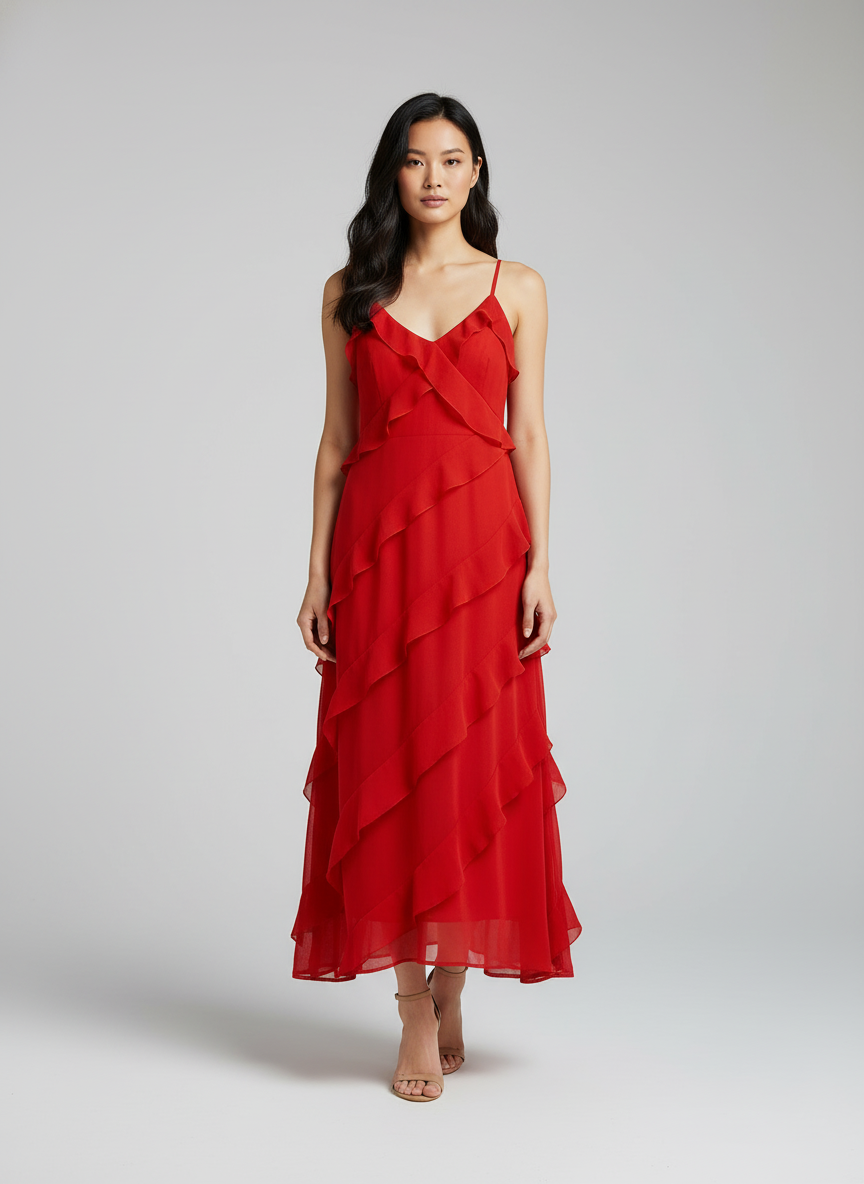 Maxi Jurk met Ruches – Elegante Jurk met Spaghetti Bandjes en Verstelbare Pasvorm