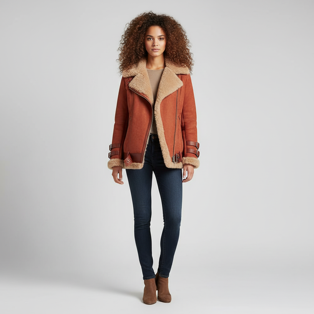 Dames Aviator Winterjas met Imitatiebont – Warme Pilotenjas met Gespen en Zachte Voering