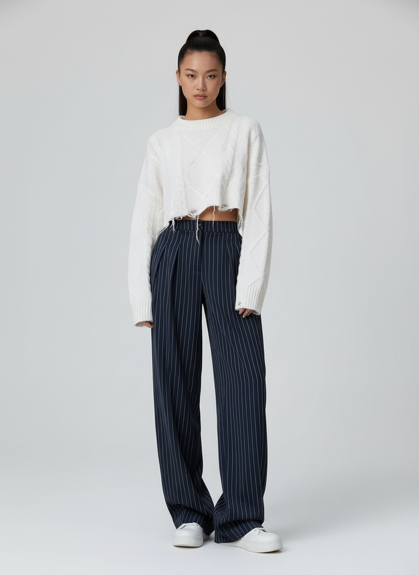 Pinstripe Wide-Leg Broek voor Dames – Elegante Hoog Taille Plooibroek met Streepprint