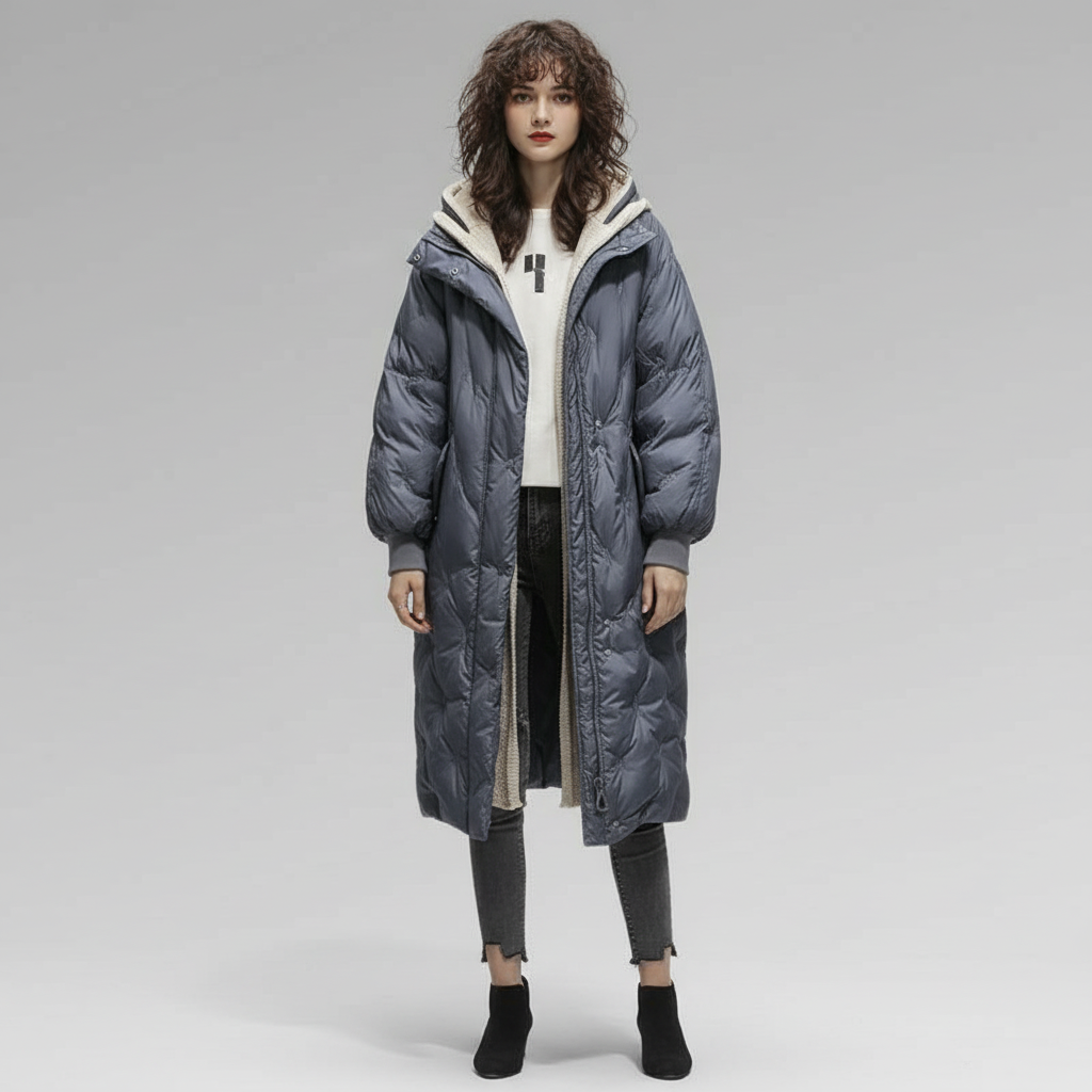 Lange Pufferjas met Mouwstrepen voor Dames – Warme Gewatteerde Winterjas