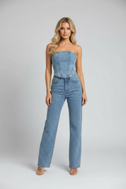 Dames Elegante Denim Jumpsuit met Pailletten