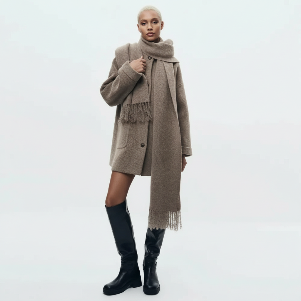Dames Wolmix Gebreide Jas met Geïntegreerde Sjaal