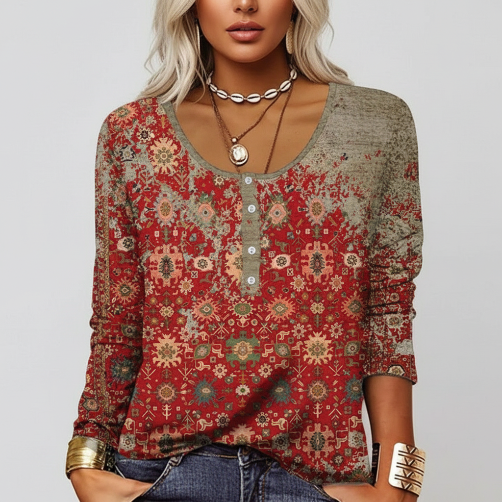 Dames Lange Mouwen Top met Etnische Print