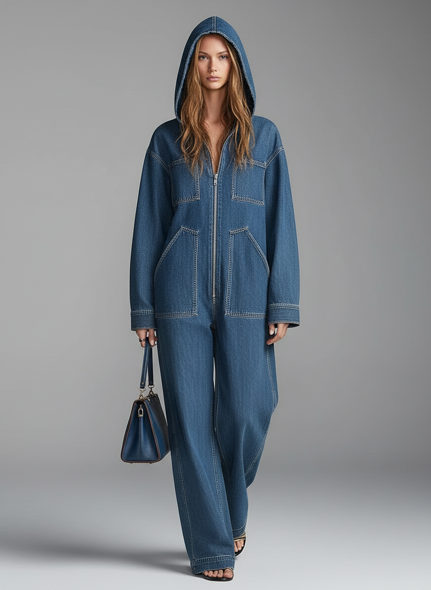 Dames Denim Jumpsuit met Capuchon