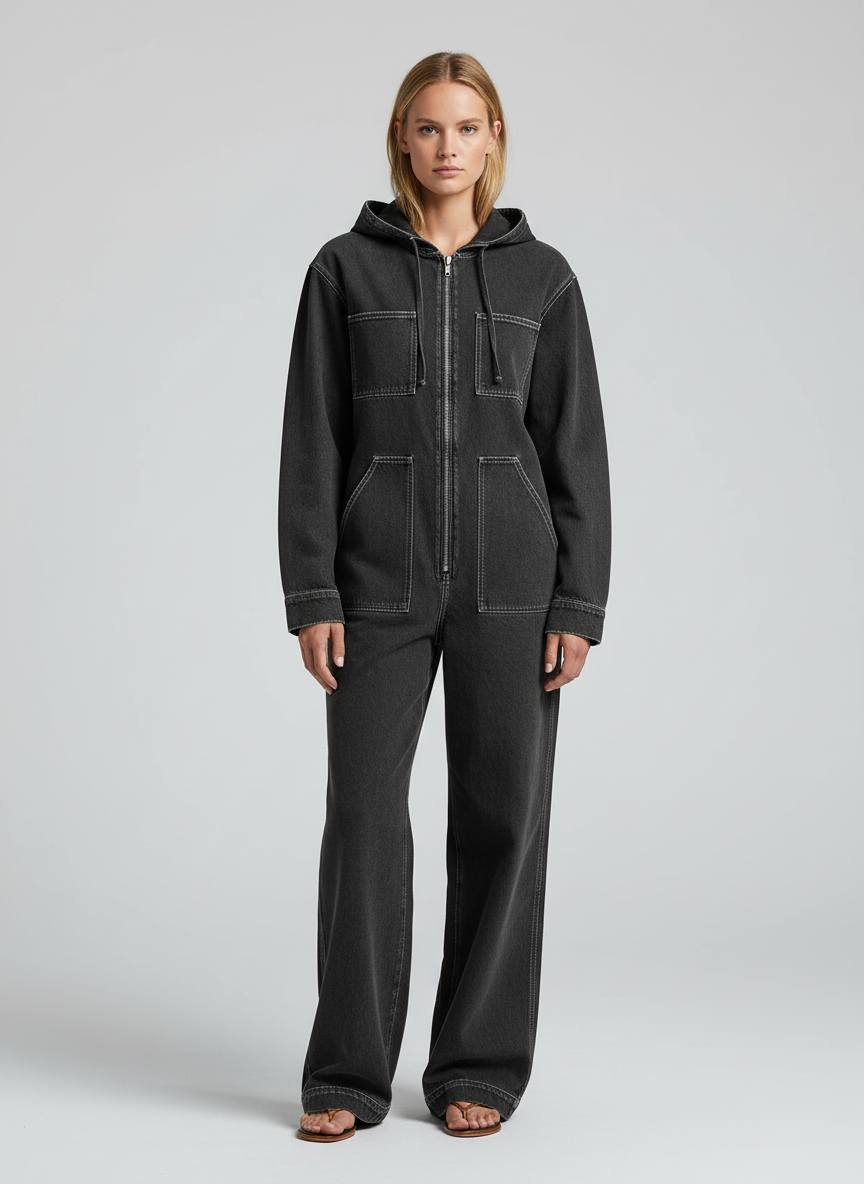 Dames Denim Jumpsuit met Capuchon
