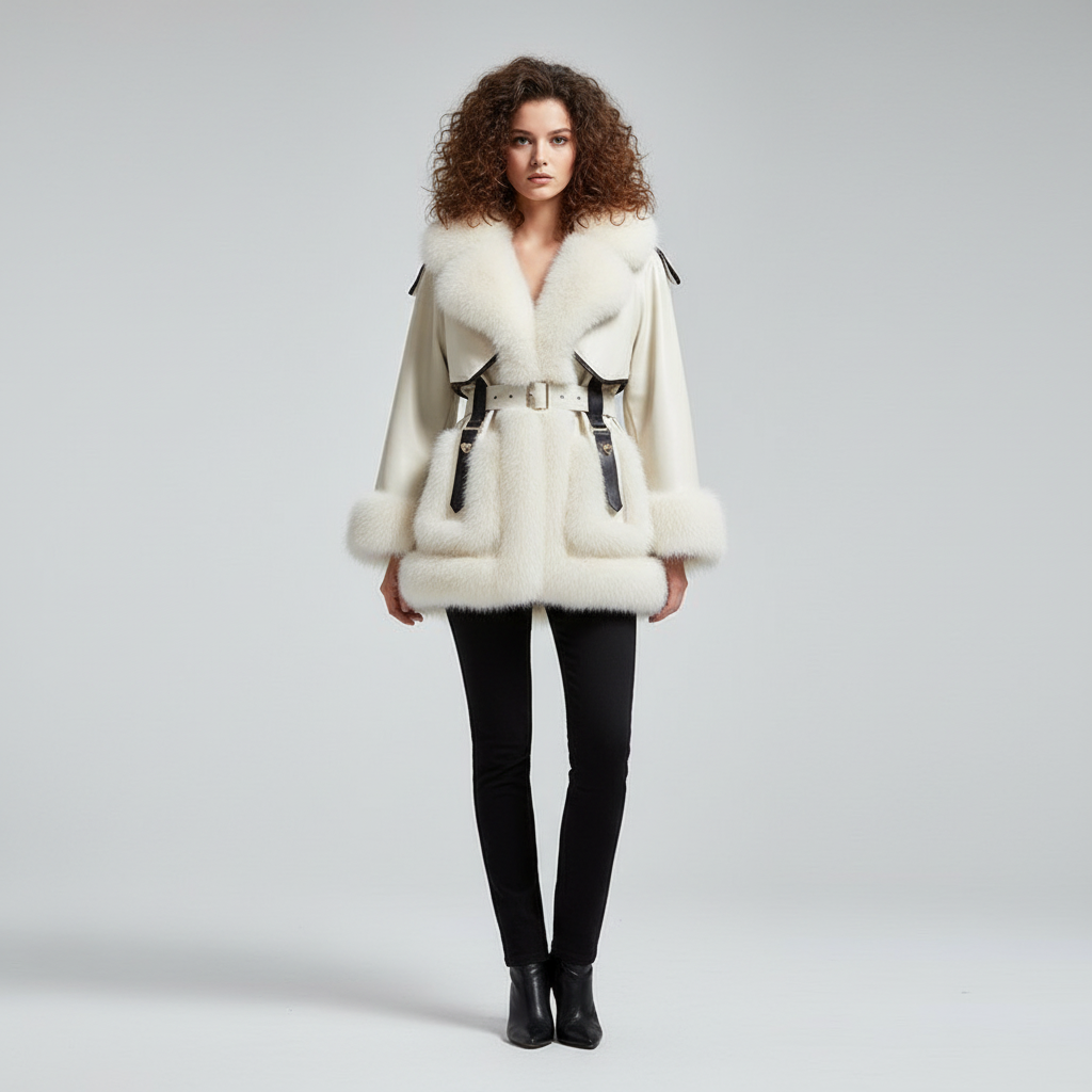 Dames Leren Jas met Vosbontaccenten – Luxe Warme Winterjas