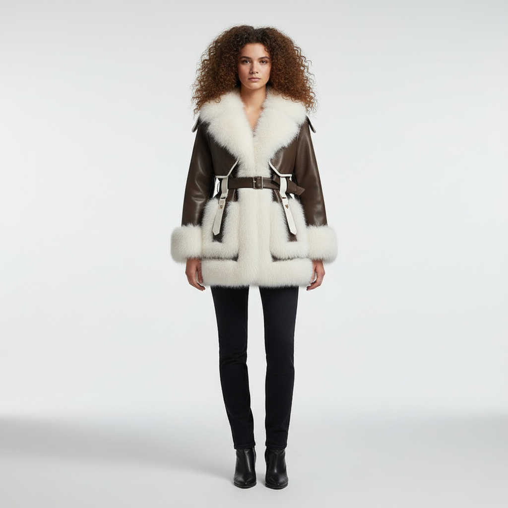 Dames Leren Jas met Vosbontaccenten – Luxe Warme Winterjas
