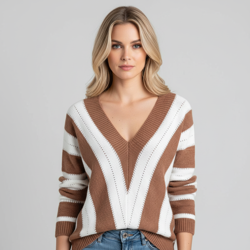 Gestreepte Gebreide Trui voor Dames – Zachte V-Hals Sweater