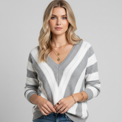 Gestreepte Gebreide Trui voor Dames – Zachte V-Hals Sweater