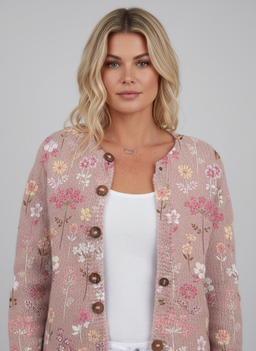 Gebreide Cardigan Dames – Vest met Knopen & Bloemenprint | Comfortabele Damestrui