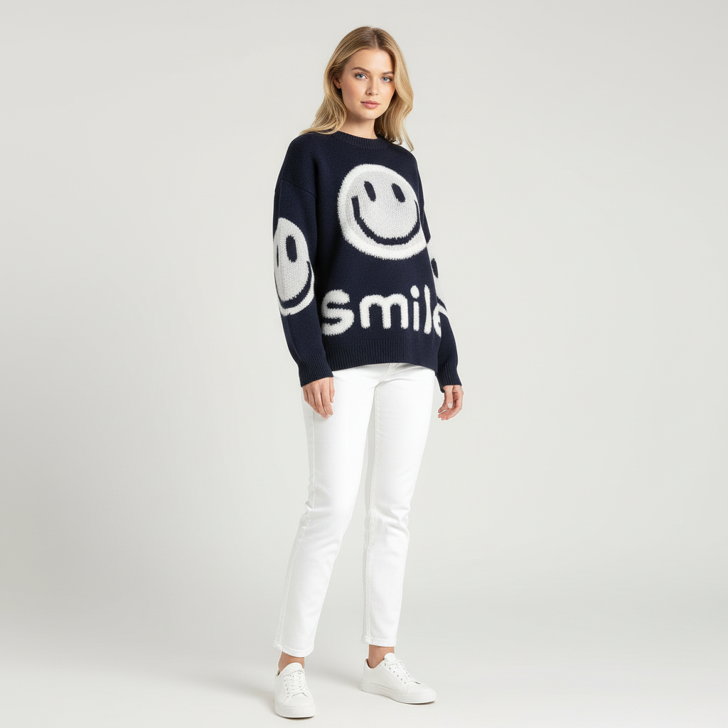 Gebreide Trui met Smiley voor Dames – Zachte Warme Knit Sweater met Smiley-Design