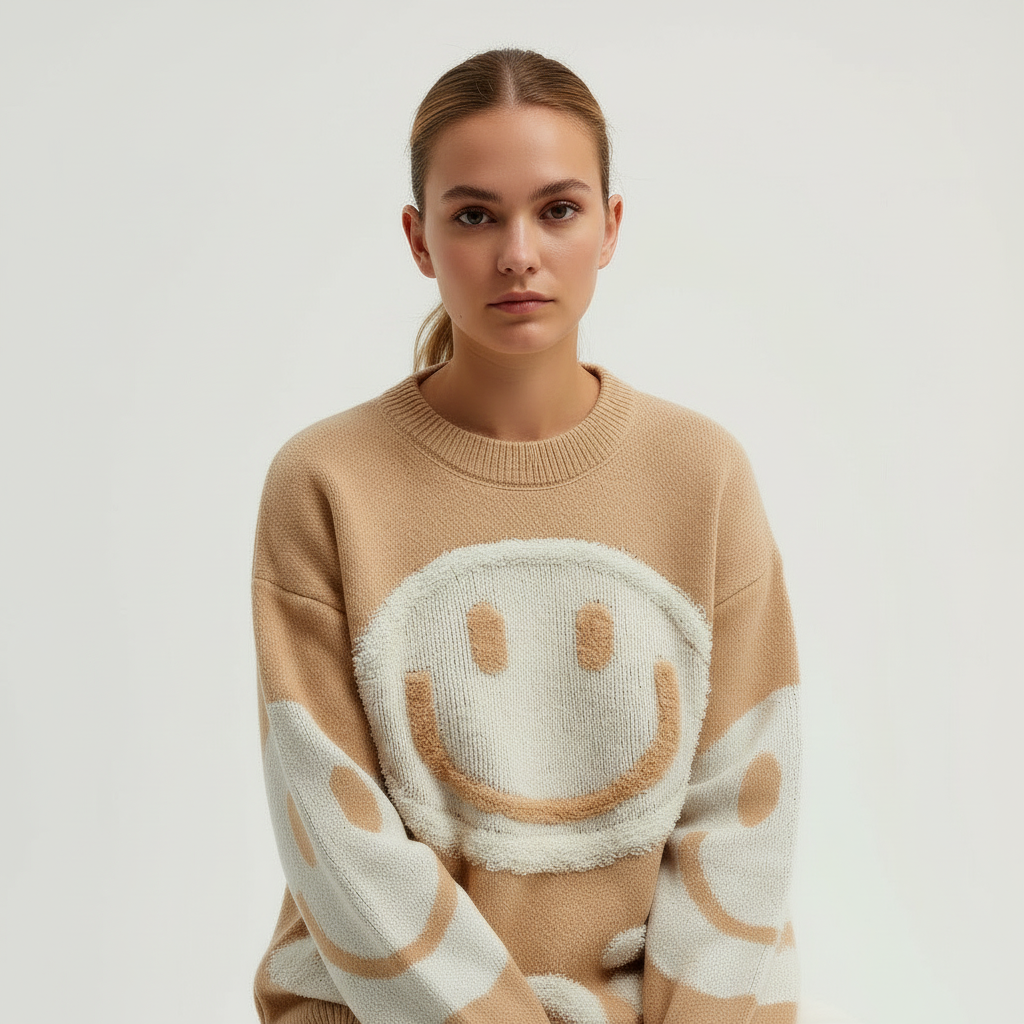Gebreide Trui met Smiley voor Dames – Zachte Warme Knit Sweater met Smiley-Design