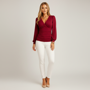 Elegante Polyesterblend Top met Ruches en Diepe V-hals