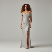 Sequins Maxi Jurk met Off-Shoulder Hals en Hoge Split