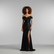 Sequins Maxi Jurk met Off-Shoulder Hals en Hoge Split