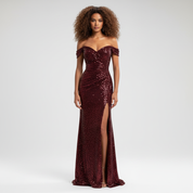 Sequins Maxi Jurk met Off-Shoulder Hals en Hoge Split