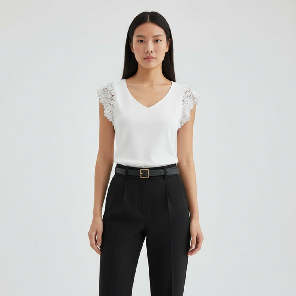 Elegante V-Hals Dames Top met Kant Details