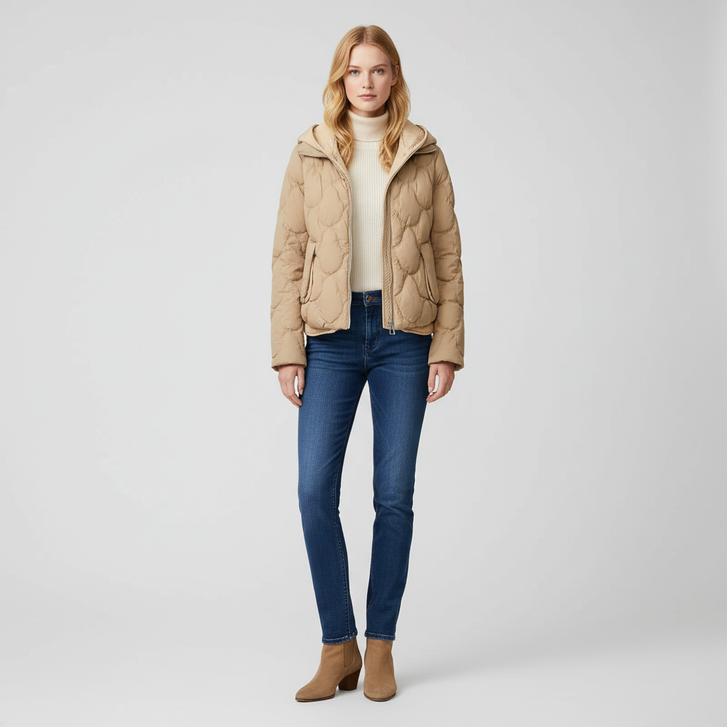 Gewatteerde Dames Jas met Schaalpatroon - Zwart, Beige, Khaki