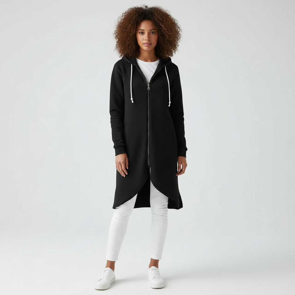 Lange Katoenmix Hoodiejas Dames met Asymmetrische Zoom