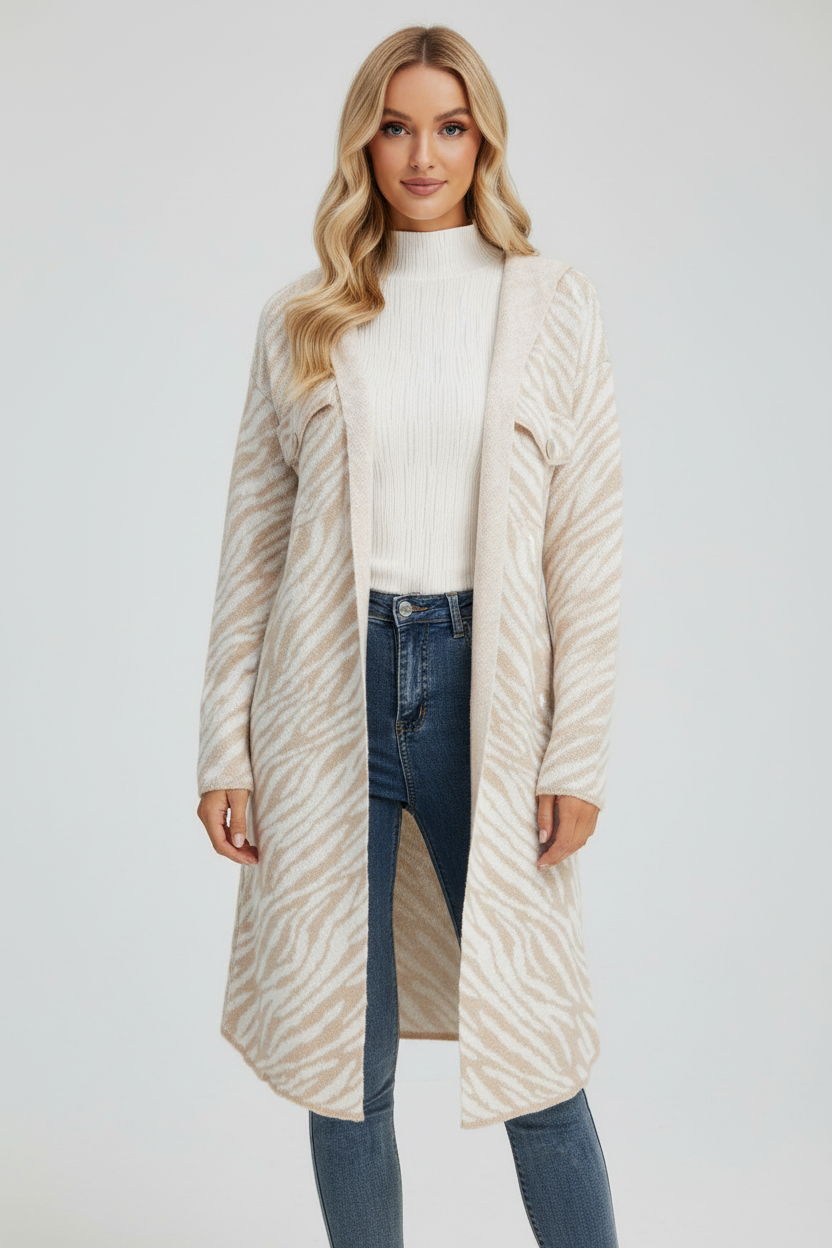 Gebreid Lang Damesvest met Capuchon