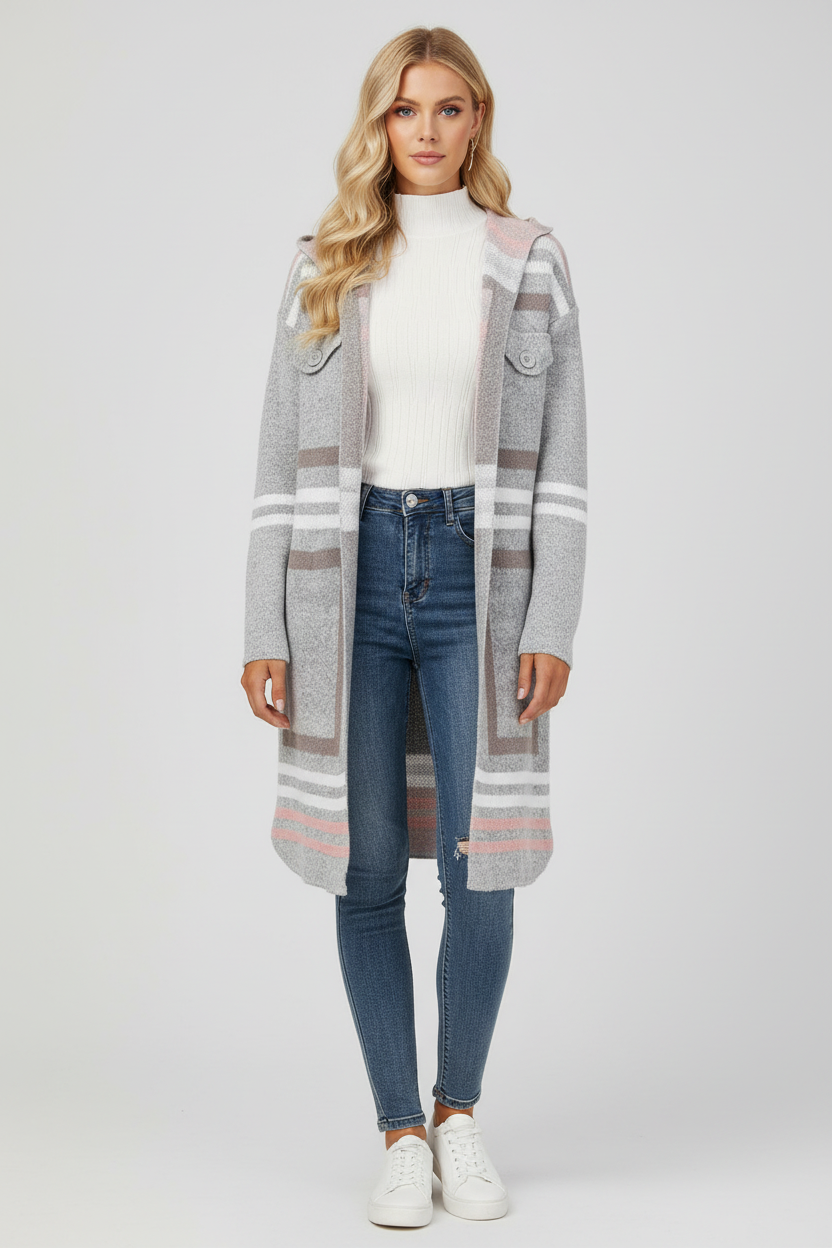 Gebreid Lang Damesvest met Capuchon