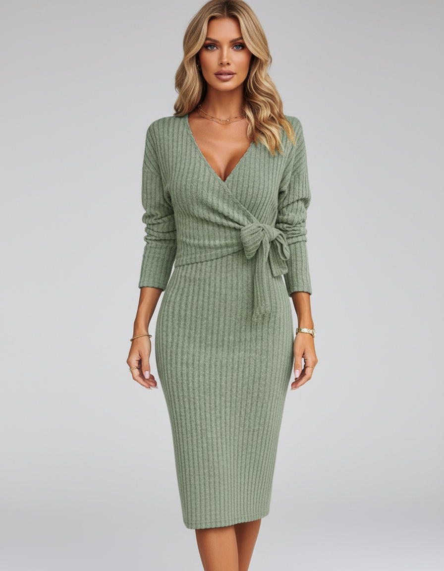 Nette Gebreide Midi Jurk met V-hals en Strikceintuur