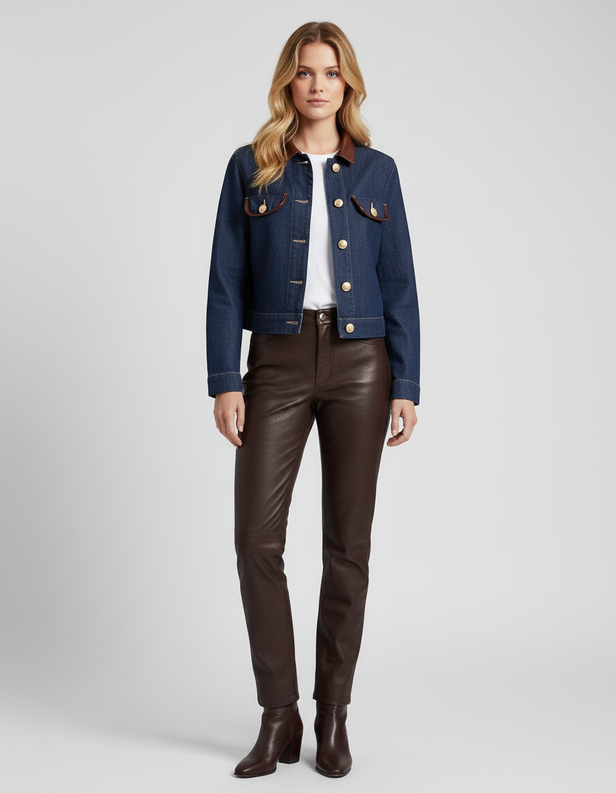 Denim Dames Jas met Faux Leren Kraag en Gouden Knopen