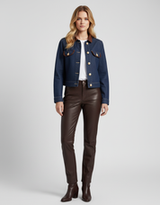 Denim Dames Jas met Faux Leren Kraag en Gouden Knopen