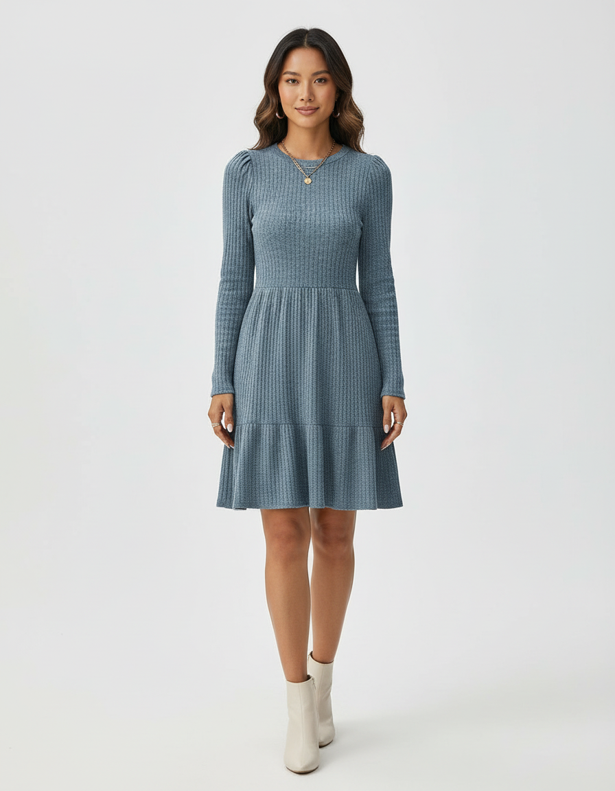 Gebreide A-lijn Jurk met Pofmouwen | Stijlvol Detail