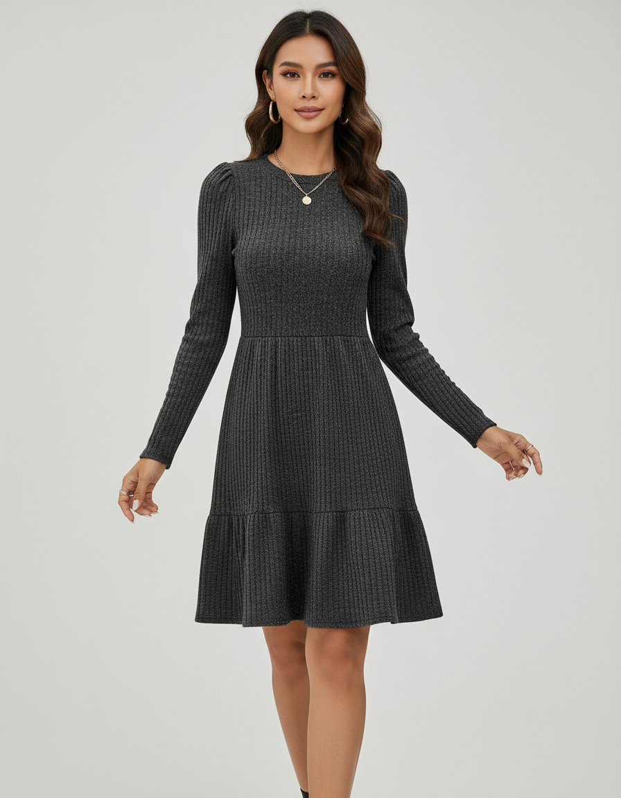 Gebreide A-lijn Jurk met Pofmouwen | Stijlvol Detail