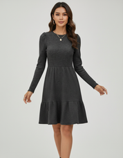 Gebreide A-lijn Jurk met Pofmouwen | Stijlvol Detail