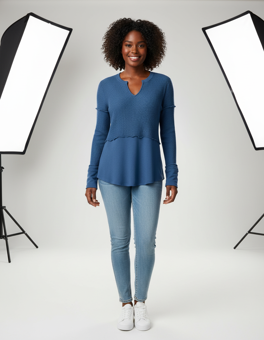 Dames Katoenmix Sweatshirt met Colorblock en V-hals