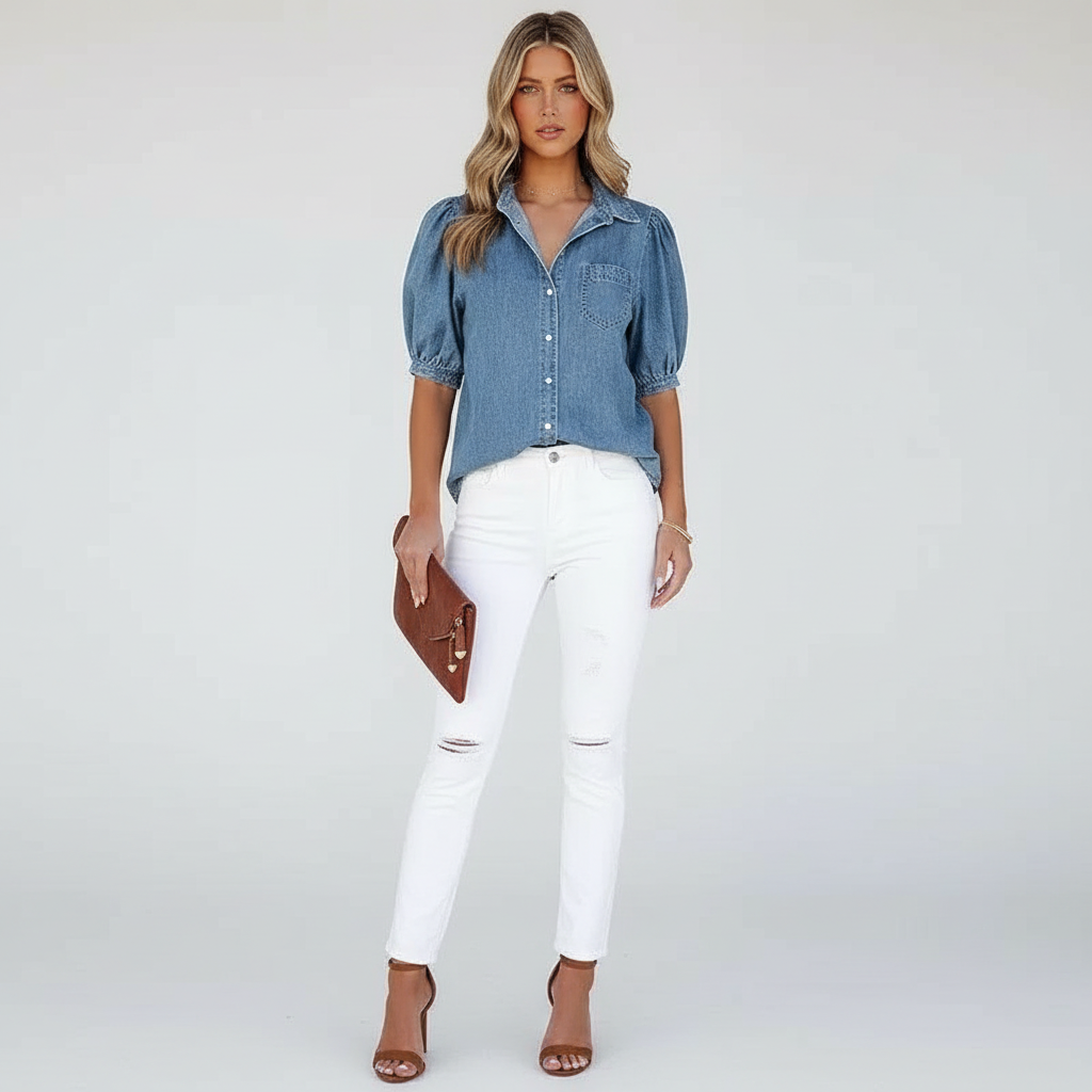 Denim Pofmouw Blouse Dames – Trendy Spijkerblouse met Pofmouwen