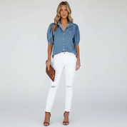 Denim Pofmouw Blouse Dames – Trendy Spijkerblouse met Pofmouwen