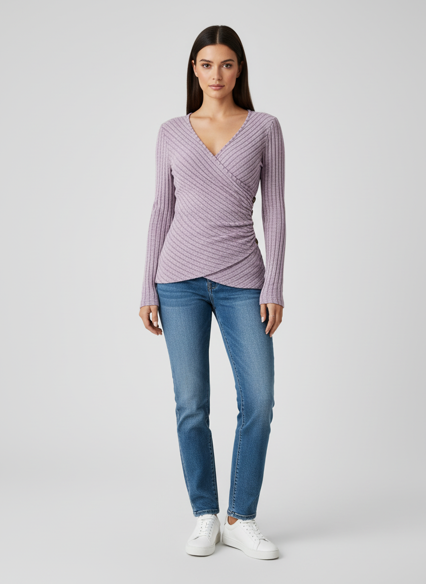 Ribgebreide Dames Top met Lange Mouwen en V-hals