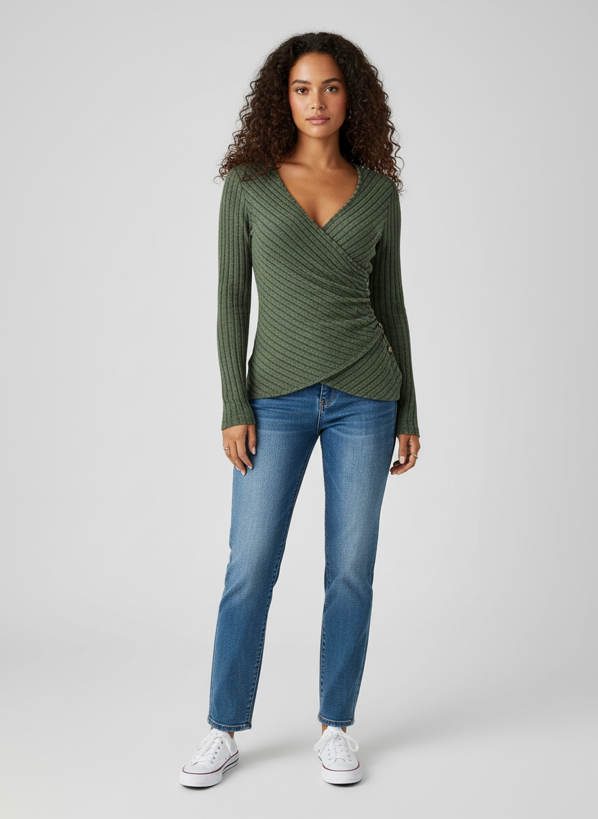 Ribgebreide Dames Top met Lange Mouwen en V-hals