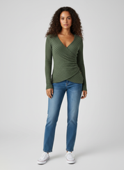 Ribgebreide Dames Top met Lange Mouwen en V-hals