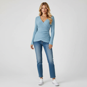 Ribgebreide Dames Top met Lange Mouwen en V-hals