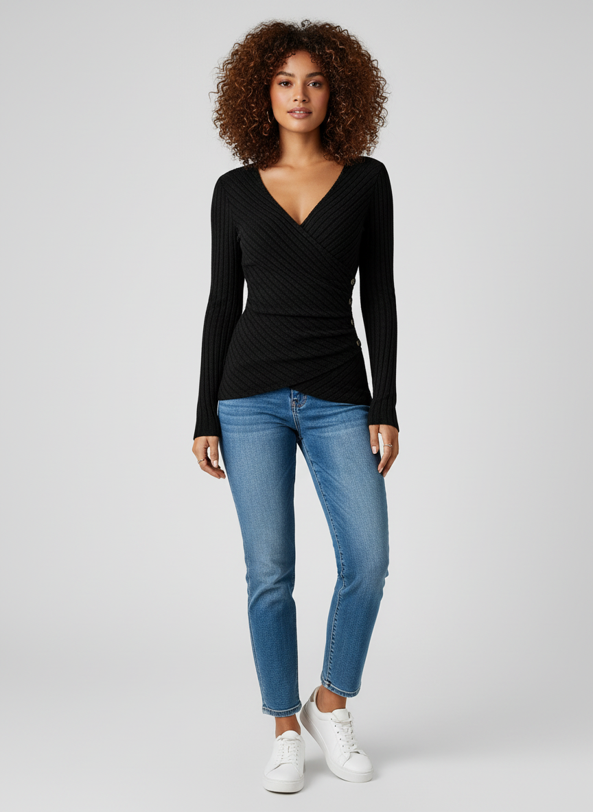 Ribgebreide Dames Top met Lange Mouwen en V-hals