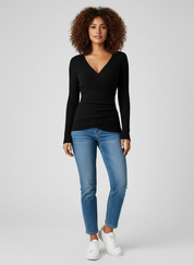 Ribgebreide Dames Top met Lange Mouwen en V-hals