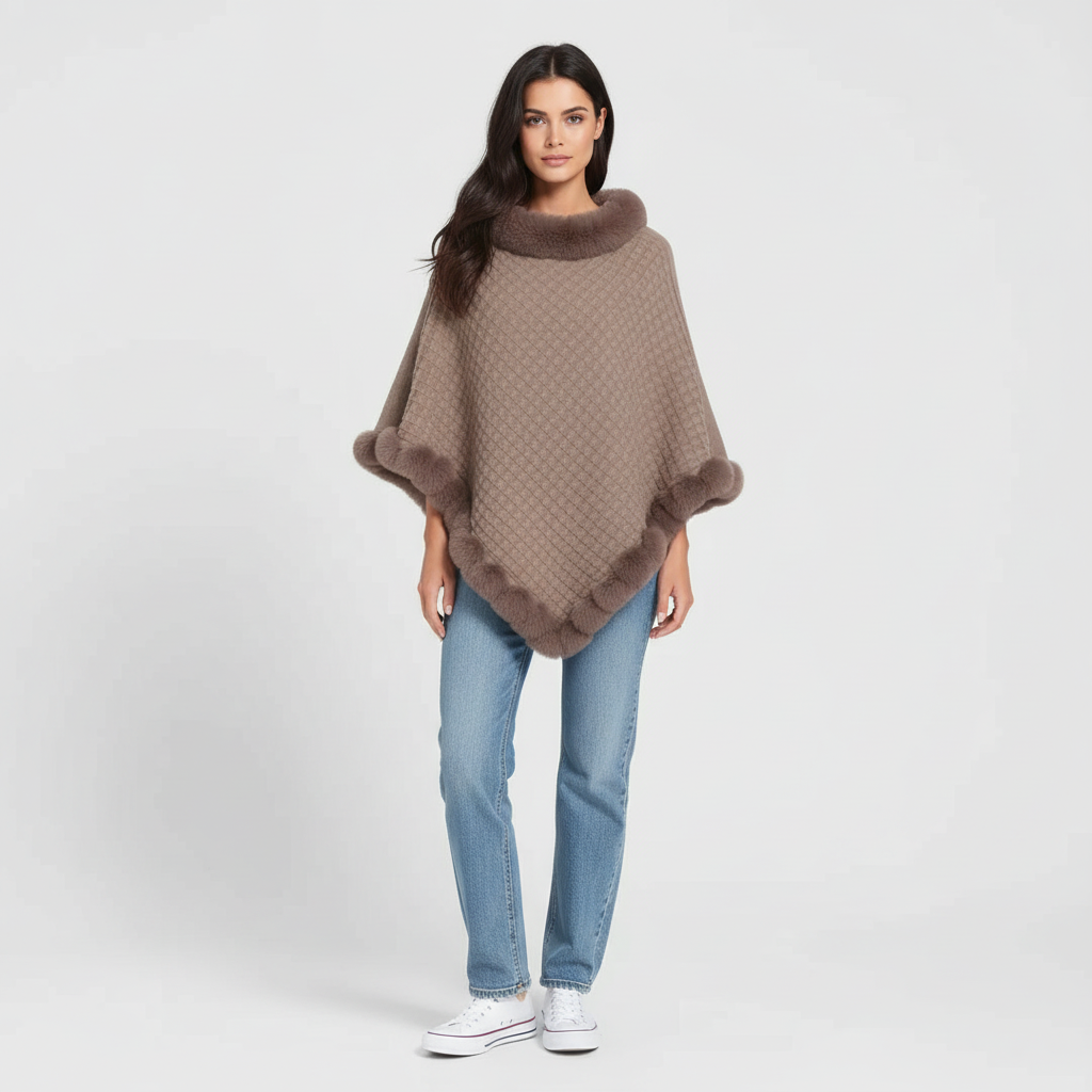 Luxe Gebreide Dames Poncho met Imitatiebont | Warm & Comfortabel