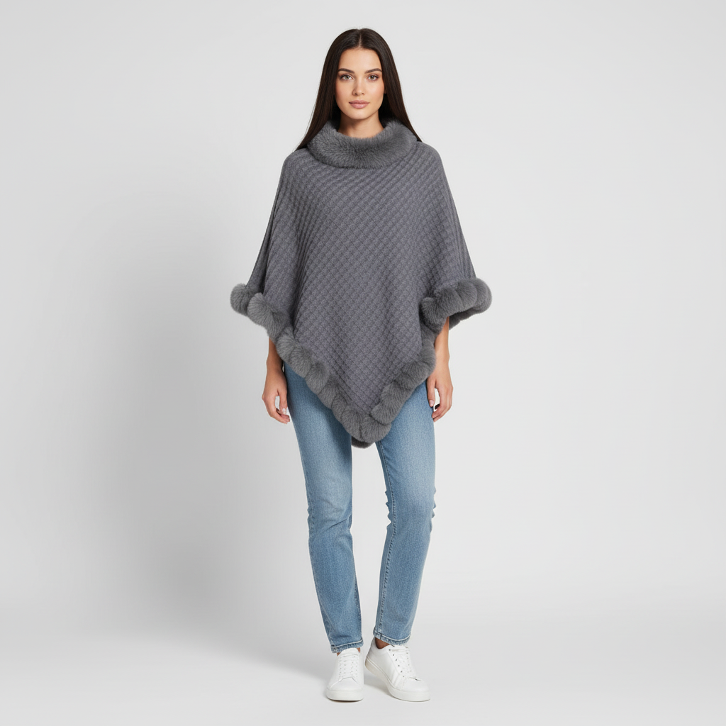 Luxe Gebreide Dames Poncho met Imitatiebont | Warm & Comfortabel