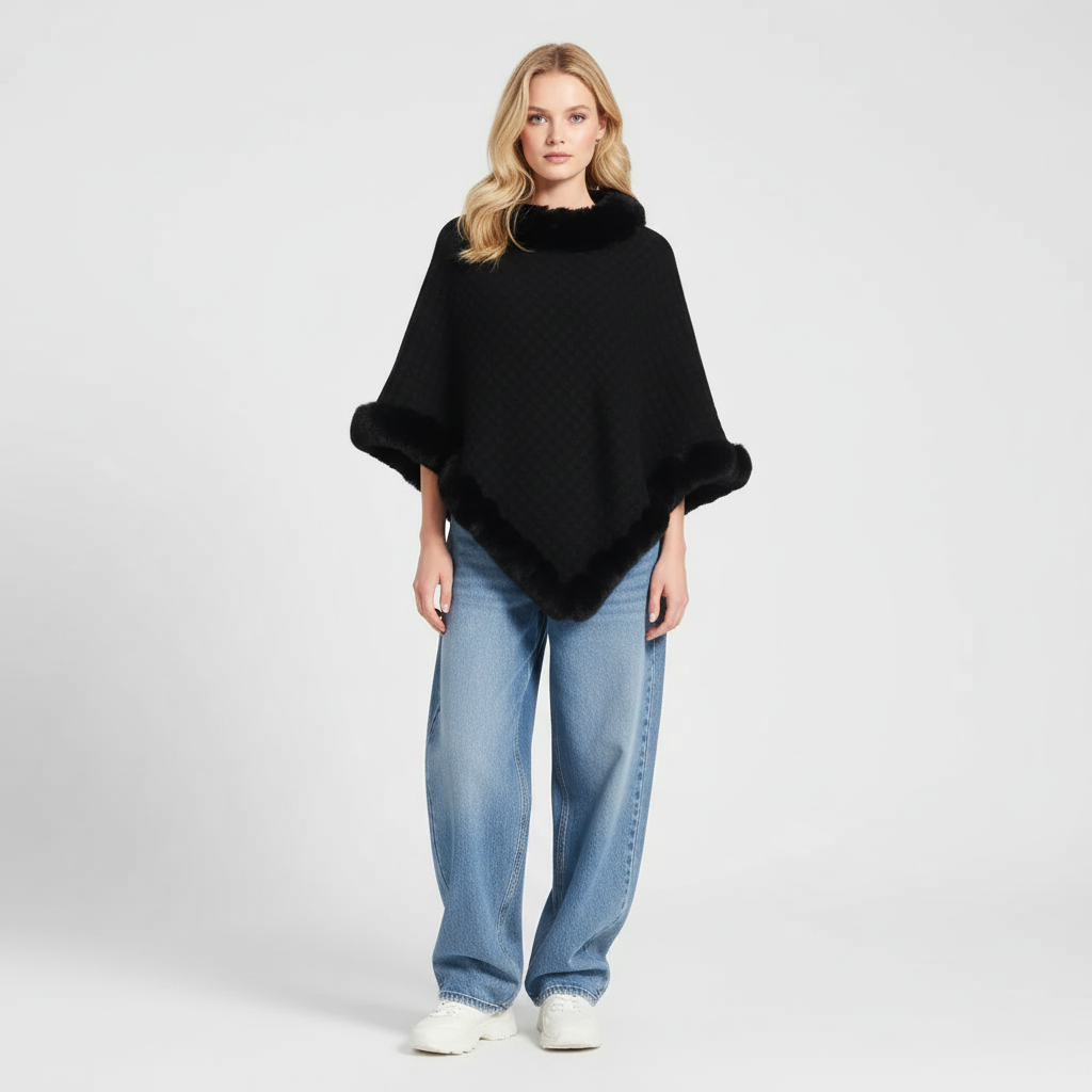 Luxe Gebreide Dames Poncho met Imitatiebont | Warm & Comfortabel