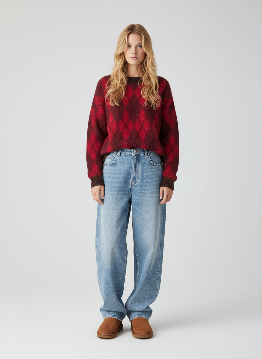 Mohairblend Argyle Trui - Comfortabele Dames Pullover